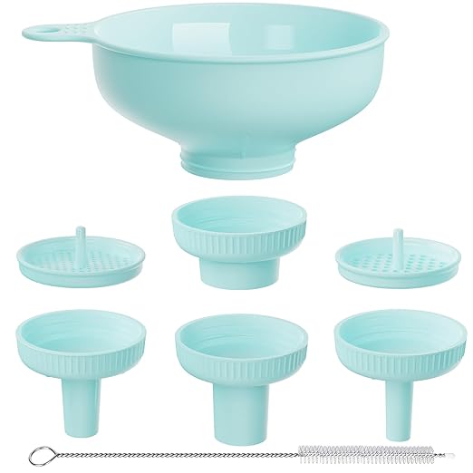Pisol Wide Mouth Versatile Funnel, Canning Funnels for Kitchen Use, Food Grade Plastic Cooking Funnel Set with 4 Size Spouts and 2 Strainers for Filling Different Bottles and Bags, Teal