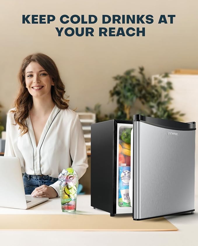 Upstreman 1.7 Cu.ft Mini Fridge with Freezer, Stainless Steel-FR17 | Dorm Essentials, Adjustable Thermostat, Energy Saving, Low Noise, Compact Refrigerator for Dorm, Office, Bedroom