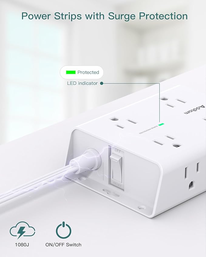 15FT Flat Plug Extension Cord with Multiple Outlets, Surge Protector Power Strip with 8 Outlets 4 USB Ports (2 USB C), Multi Outlet Wall Plug for Home Office College Dorm Room Essentials