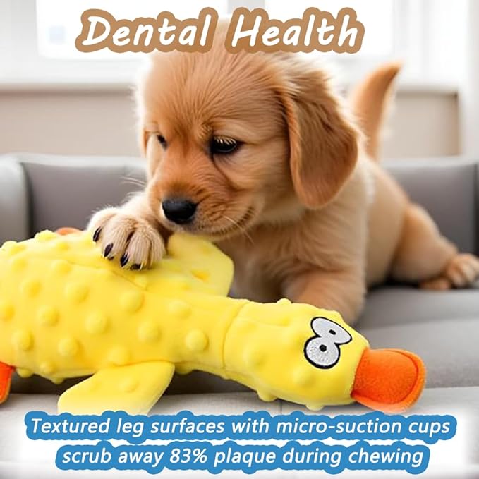 OUANGANC Calming Duck Dog Toy for Aggressive Chewers, Make a Crinkly Crunchy Noise, with Squeaker, 2025 Upgraded Indestructible Puppy Teething Toys, for Small to Medium Dog Breeds (Green 10.6in)