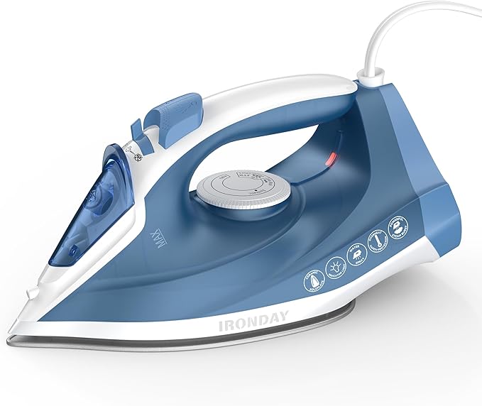 Steam Iron for Clothes Fast Heating, 1200W Iron with Non-Stick Ceramic Soleplate, Self-Cleaning, Burst of Steam, Spray Mist, 7.03oz Water Tank Ironing Clothes for Home, Blue