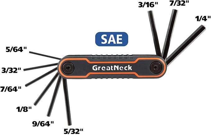 GreatNeck 74208 9 Piece Folding SAE Hex Key Set, Allen Key Set, Labeled Wrench Sizes, Easily Adjustable Fasteners, Color-Coded Body for Easy Identification