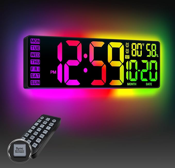 16.5" Large Digital Wall Clock: 13 RGB Night Lights Giant LED Display