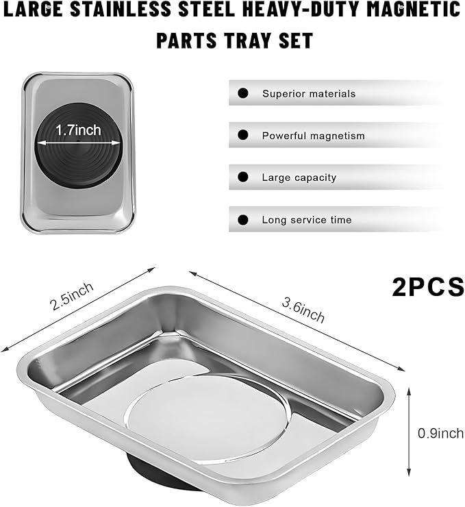 Sun Walker 2 PCS Magnetic Tray Holders, Stainless Steel Thickened Rectangle Tray Set with Strong Magnet, Heavy Duty Magnetic Trays for Screws Bolts Nuts Washers Pins (3.6"×2.5" Square)