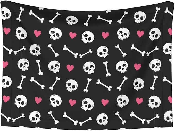 Dog and Cat Blanket in One, Cartoon Skulls with Hearts On Black, Double Sided Plush Throw with Raised Dot Pattern on One Side and Flat Velvet on Other for Variety