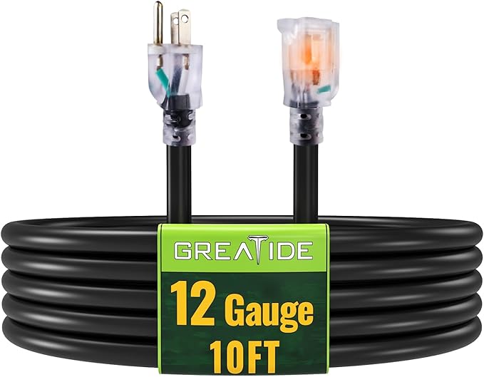Outdoor Extension Cord with Lighted End, 12 Gauge Heavy Duty 10 FT, 3 Prong Grounded 15 Amp, 12/3 SJTW Waterproof Power Cord for Appliances, UL Listed, Black