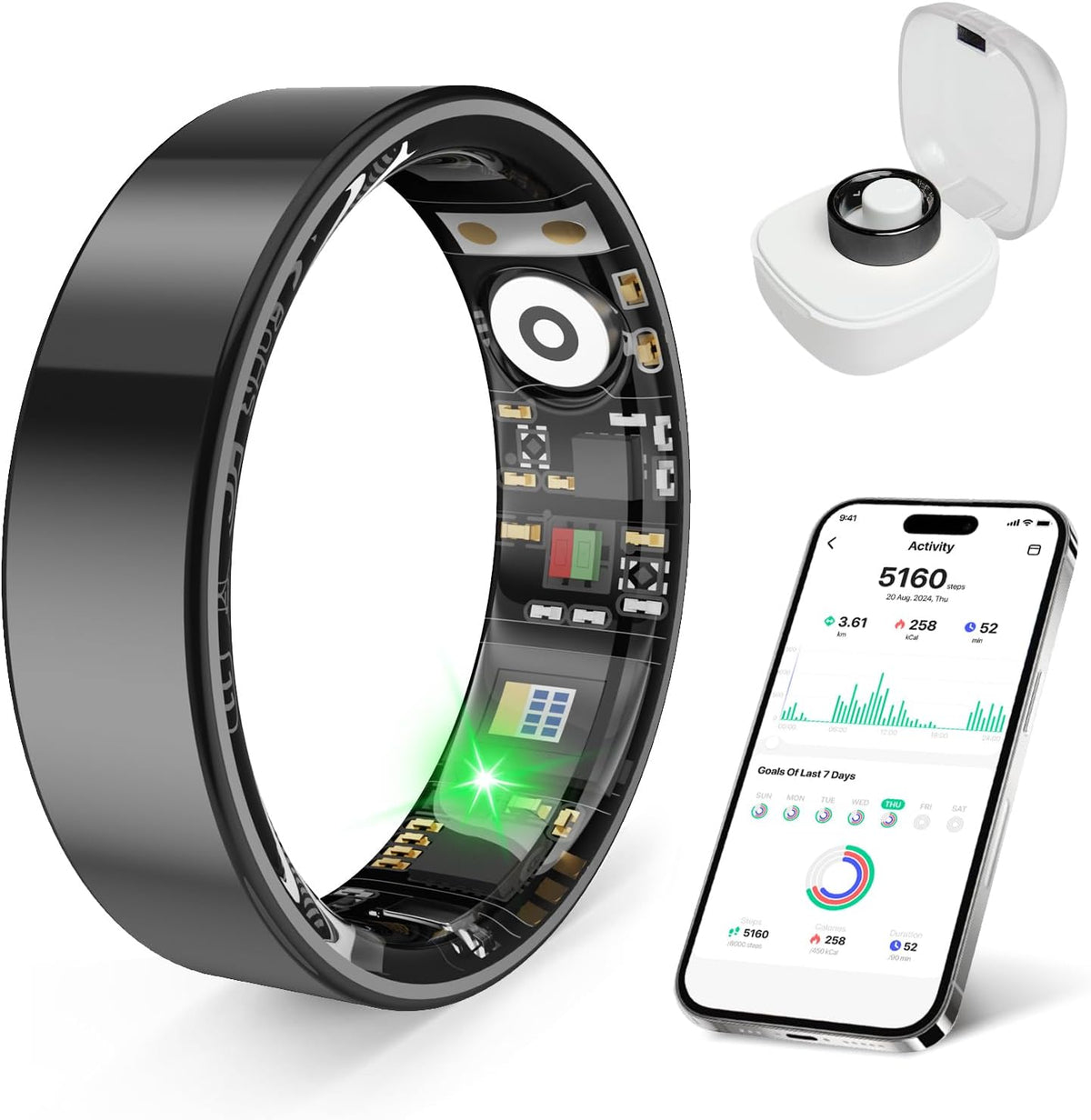 Smart Health Ring - Waterproof Fitness Tracker with Stress & Sleep Monitoring | Compatible with iOS & Android (Black, Size 7)