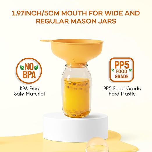 Pisol Wide Mouth Versatile Funnel, Canning Funnels for Kitchen Use, Food Grade Plastic Cooking Funnel Set with 4 Size Spouts and 2 Strainers for Filling Different Bottles and Bags, Orange