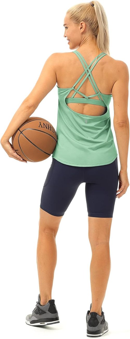 Icyzone Workout Tank Tops - Women's Strappy Athletic Yoga Shirts with Built-In Bra | Perfect for Gym & Running