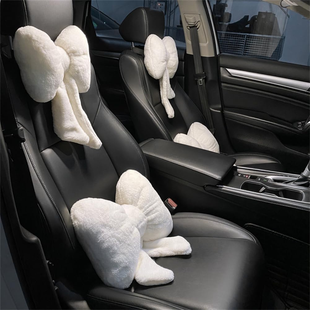 LYFJMUS 4 Pack Plush Bow Car Headrest Pillow and Lumbar Support Pillow Soft Butterfly Car Neck Pillows for Driving Cars Decor (Pink)