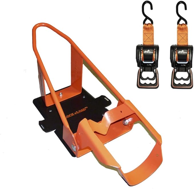 Lock N Load BK1000 Deluxe Motorcycle Wheel Chock with Quick-Release Ratchet & D-Ring System (Orange/Black)