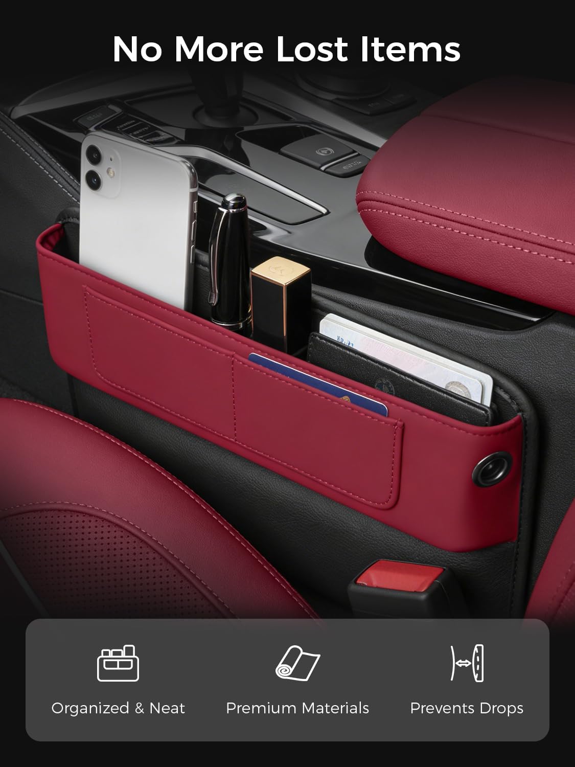 Car Seat Gap Filler Organizer – Phone Holder, Key/Card/Coin Slot, Premium Nappa Style Microfiber Leather, Prevents Drops. Universal Fit for Sedans, SUVs, Trucks (Burgundy)