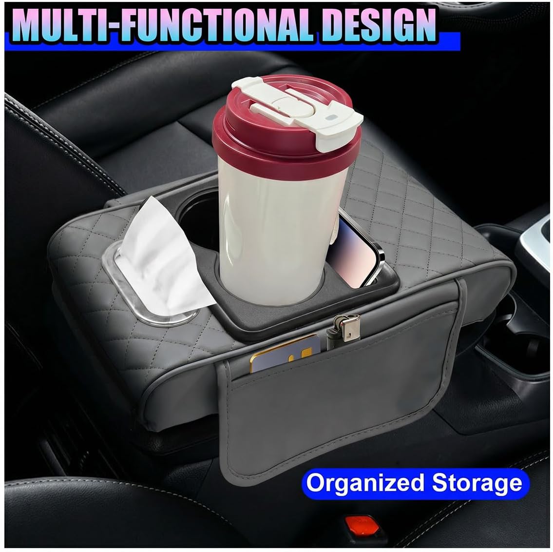Leather Car Center Console Cover, Armrest Booster Cushion, Grey