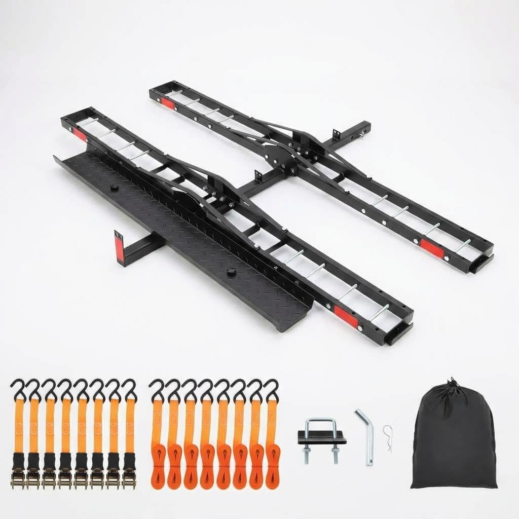 Dual Motorcycle Carrier for Hitch - Heavy Duty 2-Bike Motorcycle Hitch Carrier with Ramp - 600 Lbs Capacity for Dirt Bikes & e-Bikes, Fits 2" Receiver