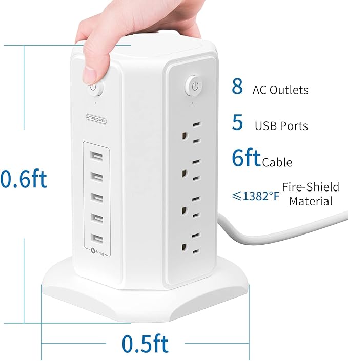 Power Strip Tower Surge Protector, NTONPOWER 8 Outlet 5 USB Desktop Charging Station 1625W 13A, 6ft Extension Cord Flat Plug, Individual Switches, 1080 Joules, Overload Protection for Home Office