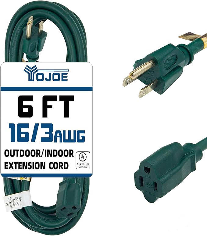 YOJOE Indoor Outdoor Extension Cord, 3 Prong 13A Weatherproof Power Cord, 16 Gauge Heavy Duty 6 ft Green Extension Cord for Garage, Garden and Home, 16/3 SJTW UL Listed