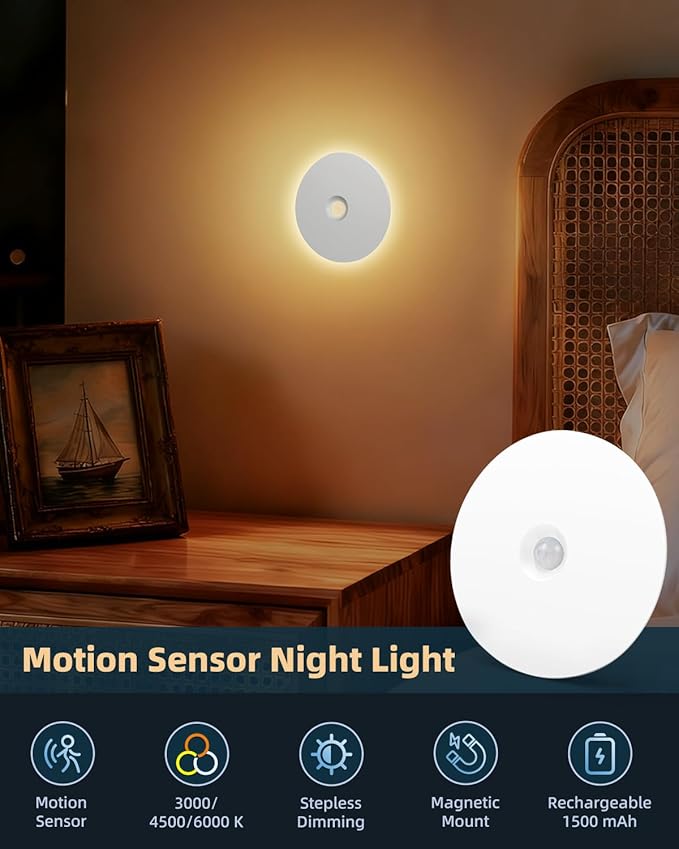 Yiliaw Motion Sensor Night Light, Rechargeable Nightlight Indoor, Dimmable Warm White with Wireless Magnetic Mount, Adjustable Brightness & 3 Color Temps for Hallway, Stair, Bathroom, Closet (4 Pack)