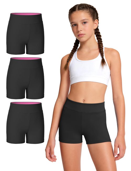 JOCMIC 3 Pack Girls Athletic Shorts Dance Gymnastics Yoga Running for Kids Black 9-10 Years