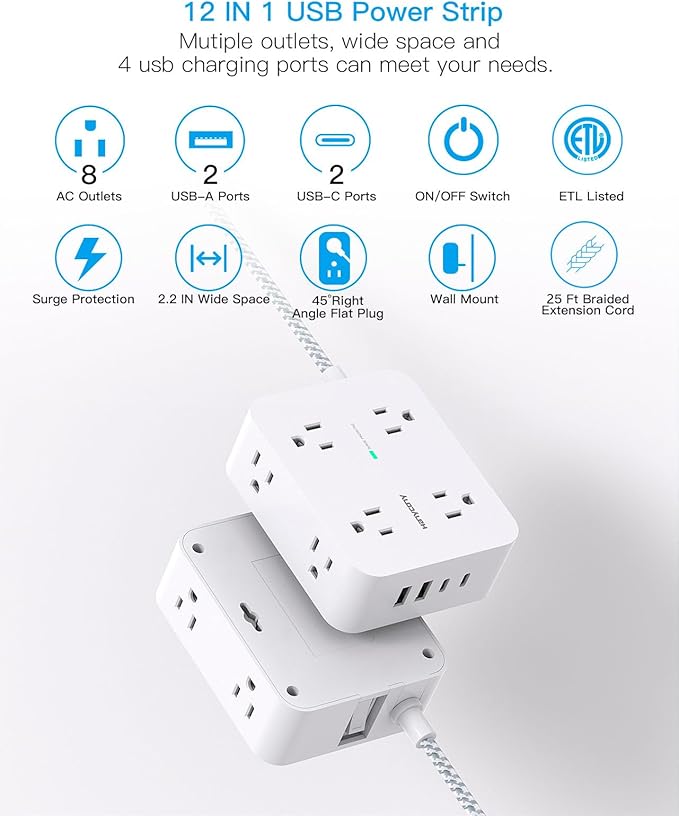 Extension Cord 25 Ft, HANYCONY Surge Protector Power Strip with 8 Outlets 4 USB Ports(2 USB C), Long Cord, Wall Mount, Desk USB Charging Station for Home Office College Dorm Room Essentials