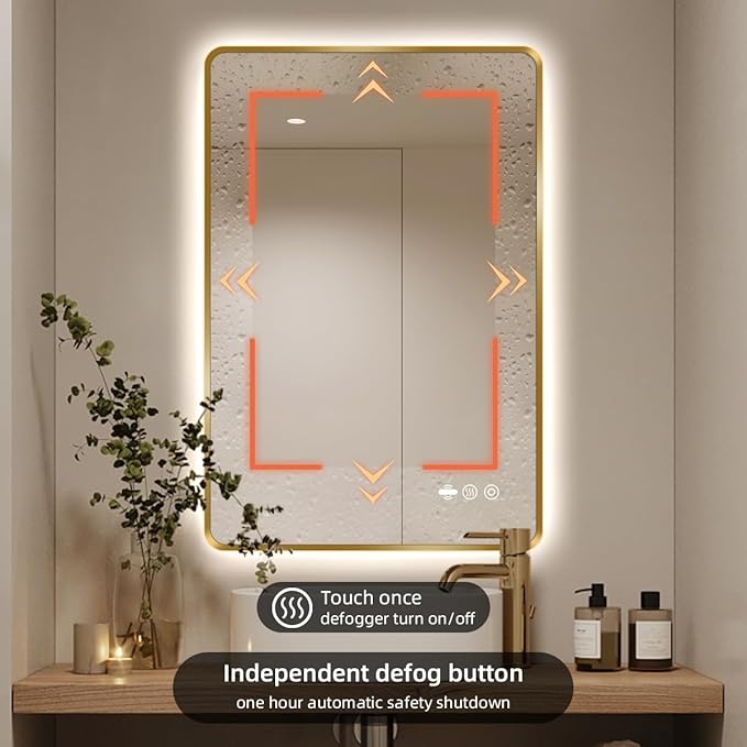 30 x 36 Gold LED Bathroom Mirror, Metal Framed Rounded Corner Rectangle Backlit Mirror Bathroom, Anti-Fog, 3-Color Stepless Dimmable Lighted Mirror, Motion Sensor Lights, Memory Function
