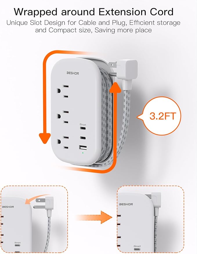 USB C Travel Power Strip, BESHON Ultra Flat Extension Cord, Flat Plug Power Strip, 3 Outlets with 3 USB Ports(2 USB C), 3.2ft Wrapped Around Extension Cord for Cruise Ship, Travel Essentials, Grey