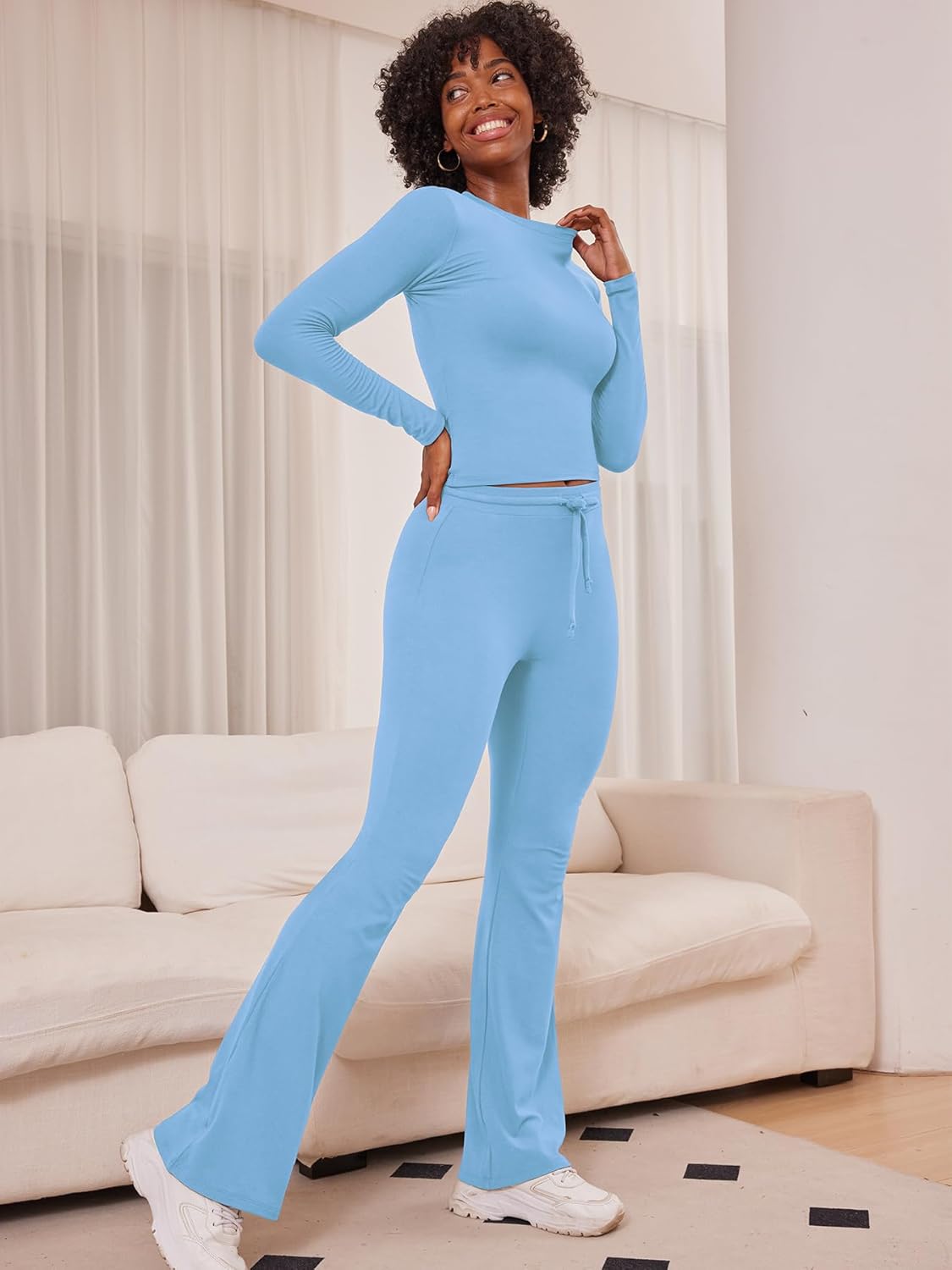 YEOREO Women's Two-Piece Lounge Set - Long Sleeve Top & Drawstring Wide Leg Pants | Stylish Comfort
