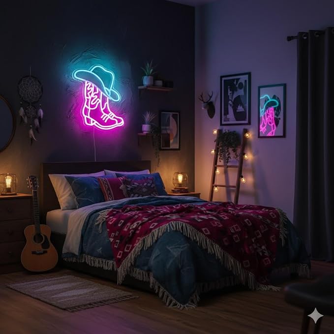 Cowboy Boot and Hat LED Neon Sign, Western Country Wall Decor