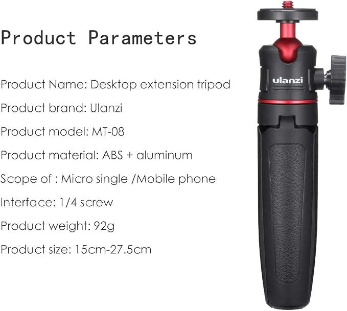 MT-08 Black Mini Tripod for Camera, 1/4" Screw Universal Tripod Compatible