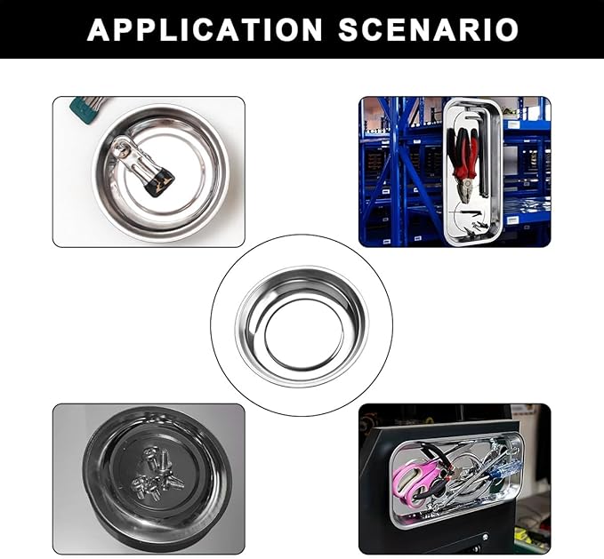 2 PCS Magnetic Parts Tray Set, Stainless Steel 4" Round Magnetic Trays, Mechanic Tool Tray Holder for Screw, Sockets, Bolts, Nuts, Small Metal Parts