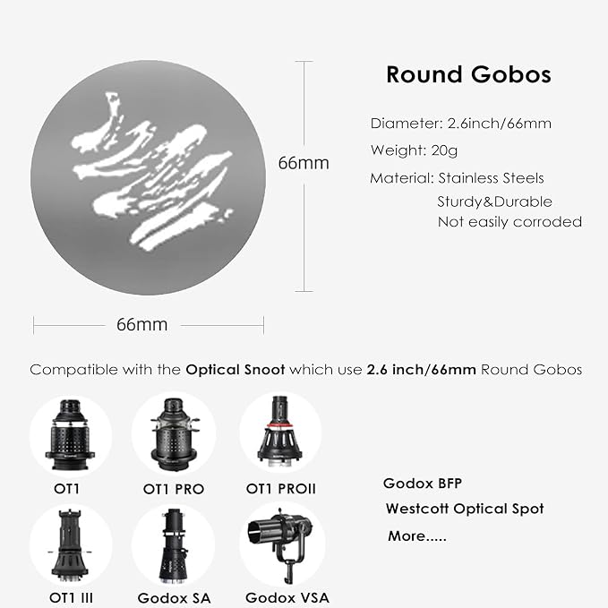 20Pcs Round Gobos Kit for Optical Snoot, 66mm/2.6in Metal Plate Patterns for
