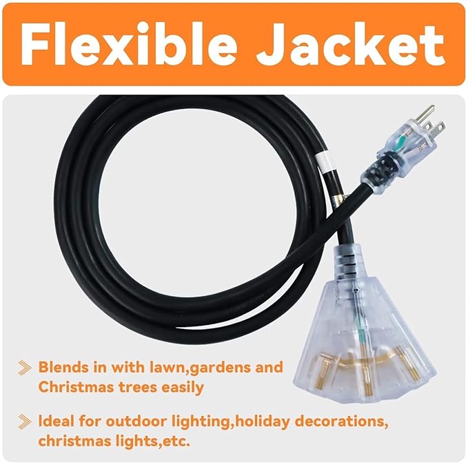 EP 25 Ft 12 Gauge Heavy Duty Extension Cord, 15A 125V 1875W, 3 Outlet Indoor/Outdoor Power Cord with Lighted End, 12/3 SJTW Weatherproof Black