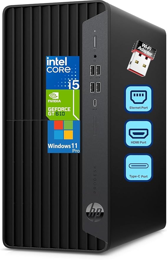 HP ProDesk 600 Desktop Computer, i5-10400F, 16GB RAM, 1TB SSD, GT 610 | Ideal for Office Work, Web Browsing, Remote work, and Everyday Multitasking; WiFi Adapter, Compact Design with Win 11 Pro