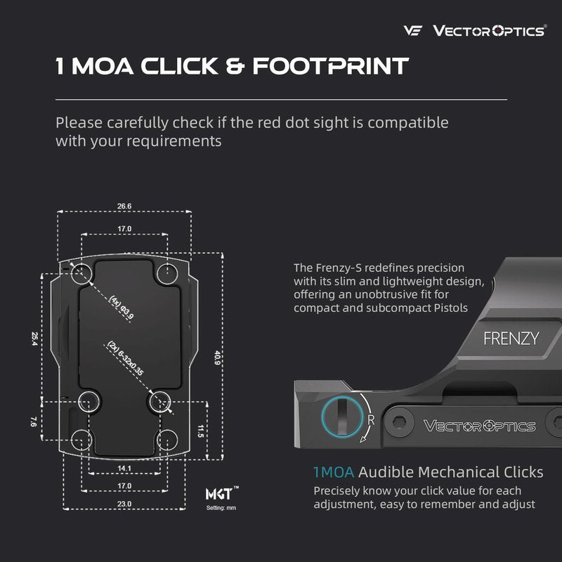 Vector Optics Frenzy 1x19x28 Illuminated 3 MOA Red Dot, Reflex Sight for Pistol, Low Profile, Motion Awake, Side Battery, IPX7, 7075 T6 Aluminum, SCRD-66