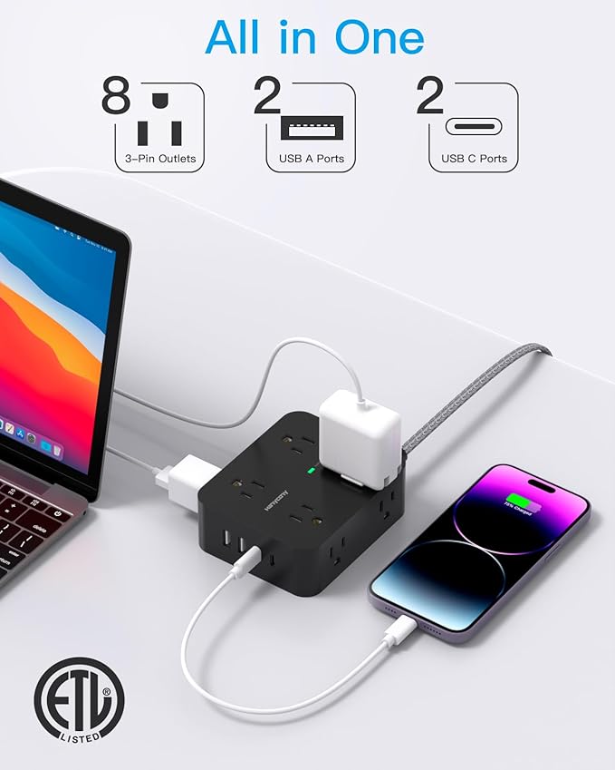 Power Strip Surge Protector, HANYCONY 8 Outlets with 4 USB Charging Ports(2 USB C), 3 Side Outlet Extender with 5 Ft Extension Cord, Flat Plug, Wall Mount, Desk Charging Station for Home Office ETL