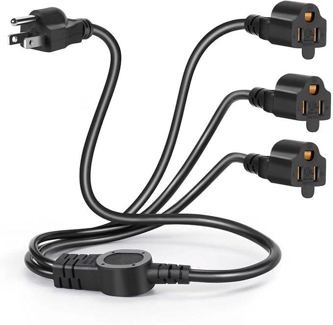 3.3FT 3 Prong 1 to 3 Extension Cord Splitter, Indoor Outdoor Power Cable 3-Outlet Power Cord Splitter Cords, SJT 16AWG 10A/1250W for Halloween Lights, Christmas Decorations, Computer, Scanner (Black)