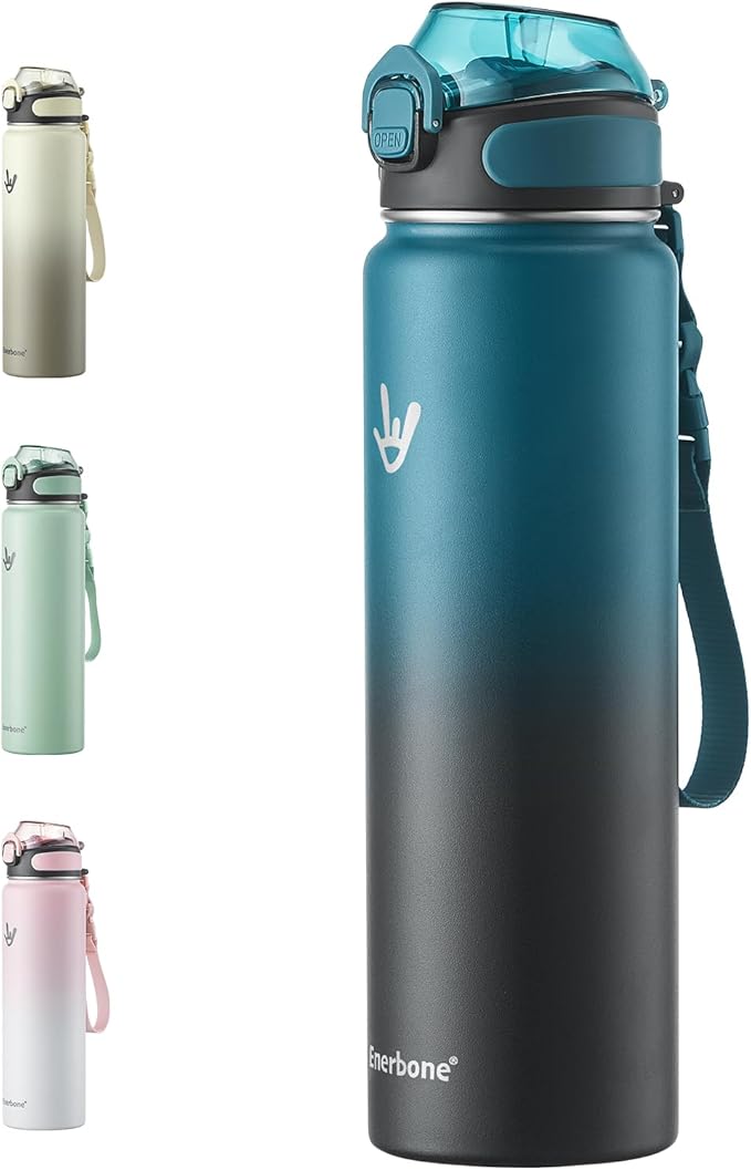 Enerbone 32 oz Insulated Water Bottle, Stainless Steel Bottle with Carrying Strap, Double-Wall Vacuum Insulation Design, Leakproof Sports Bottle with Straw, Keep Drinks Cold or Hot for Hours