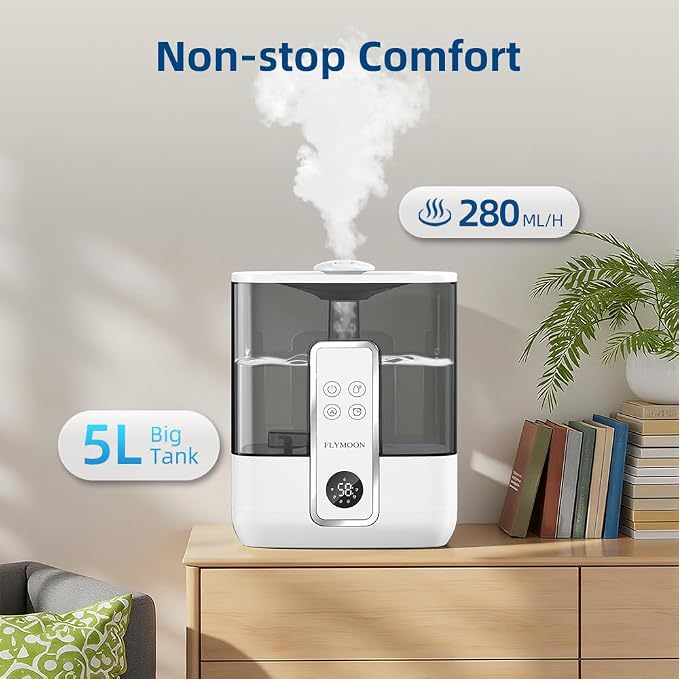 FLYMOON Mist Humidifier for Bedroom, Humidifier with Top Fill, 5L Water Tank, Leak-Proof, 28dB, Tuya App Control, Humidifiers for Large Room, Home, Plants,White