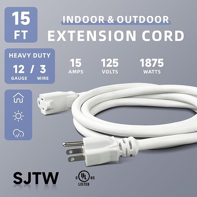EP 12/3 15 FT Indoor Outdoor White Extension Cord Waterproof, 12 Gauge 3 Prong Power Cord Flexible Resistant Appliance Extension Cable Electric Cable Outside, 15A 1875W 12AWG SJTW, ETL Listed