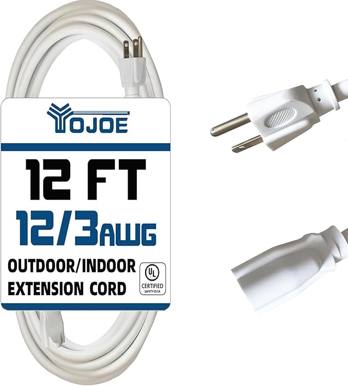 YOJOE Indoor Outdoor Extension Cord, 3 Prong 15A Weatherproof Power Cord, 12 Gauge Heavy Duty 12 ft White Extension Cord for Garage, Garden and Home, 12/3 SJTW UL Listed
