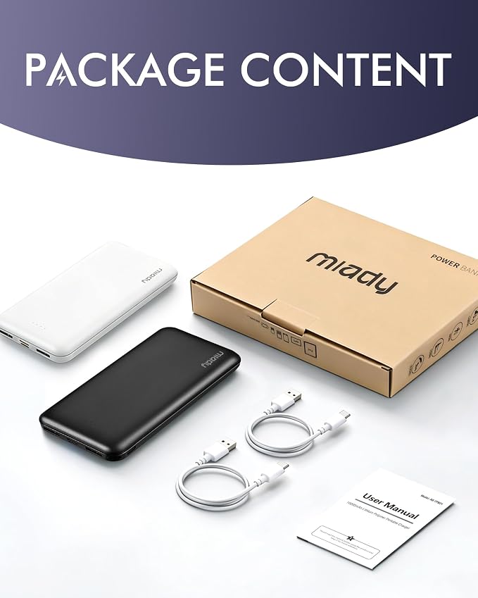 Miady 2-Pack Portable Charger, Slim 10000mAh Power Bank Travel Battery Pack 3 Outputs 2 Inputs Compatible with iPhone 17/16/15/14/13 Galaxy S24/22 iPad Android etc (2 White)