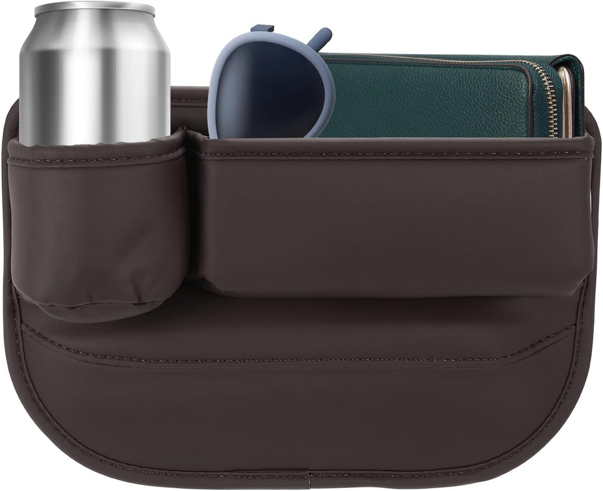 HARFINGTON Car Seat Gap Filler Organizer 11.8 x 8.3 x 2.2 Inch PU Universal Car Organizer Storage Box Between Seat and Console (Left) with Cup Holders for Phone Sunglasses Keys, Brown