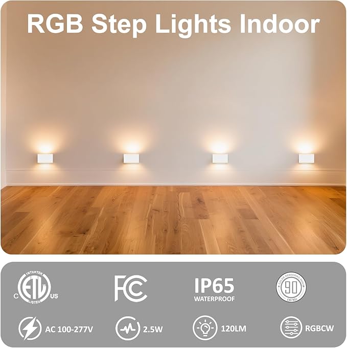 RGB Step Lights Indoor, 100V-277V Dimmable 2.5W, Wired LED RGB Color Changing Stair Night Lights for Bedroom/Step/Hallway/Aisle/Christmas/Halloween, Up Down, 10 Color, ETL, White, 1Pack
