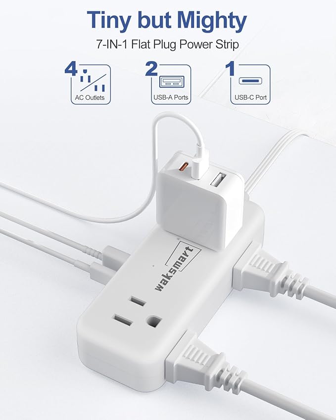 PD20W Flat Plug Power Strip -3 Ft Flat Plug Extension Cord with 4 AC Outlets 3 Quick Charging USB Ports, Flat Outlet Wall Plug Compact for College Dorm, Travel, Home, Office Desk Accessories