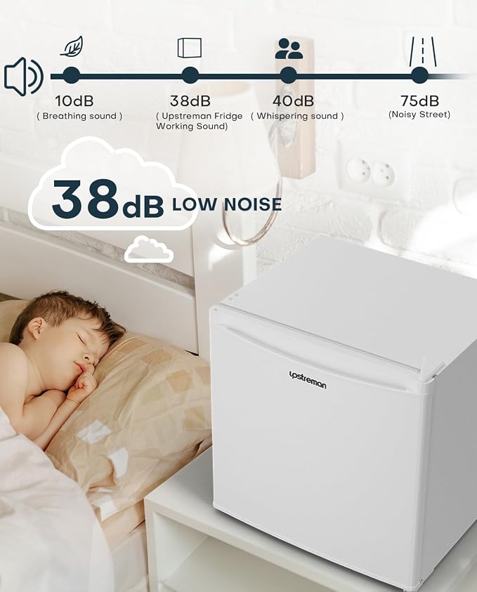 Upstreman 1.7 Cu.ft Mini Fridge with Freezer, White-FR17 | Dorm Essentials, Adjustable Thermostat, Energy Saving, Low Noise, Compact Refrigerator for Dorm, Office, Bedroom