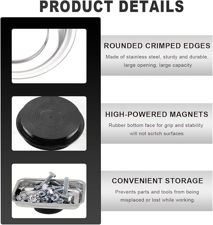 2 PCS Large Magnetic Tray Holders, 5.4"×9.4" Stainless Steel Square & 4" Round Magnetic Parts Tray Set, Heavy Duty Thickened Tray Bowl for Screws Bolts Nuts Metal Parts, Car Accessories