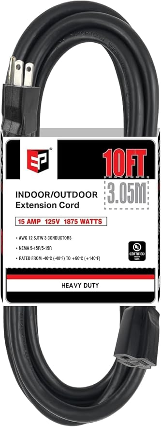 EP 10 Ft Outdoor Extension Cord - 12/3 SJTW Heavy Duty Black Extension Cable with 3 Prong Grounded Plug - Power Cord for Lawn, Garden, Appliances