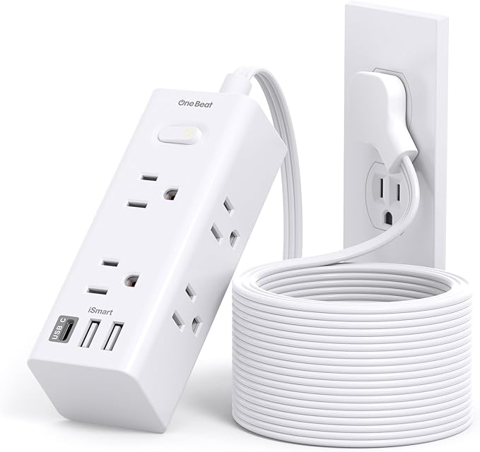 15Ft Extension Cord with Multiple Outlets, Flat Plug Power Strip Surge Protector with 15 Ft Long Cord, 6 Outlet 3 USB Ports (1 USB C), Multi Outlet Wall Plug for Travel, College, Dorm Room Essentials