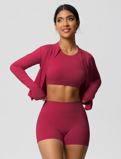 AGYMNX 3 Piece Workout Sets for Women High Waisted Seamless Shorts Crop Top Jacket Gym Yoga Outfit Stretchy Sports Bra Set