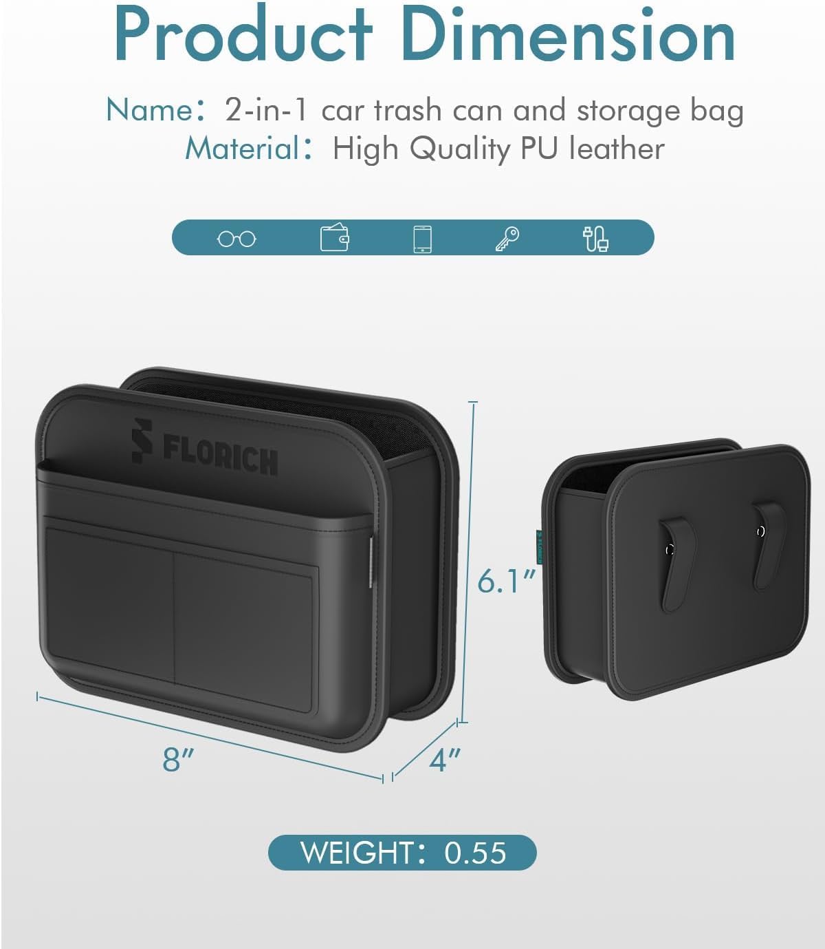 FLORICH Upgrade Car Door Organizer, Small Leather Foldable Hanging Organizer and Trash Can 2-in-1, Multi-Function Mini Storage Box Garbage Can for Car Back Seats and Side Door-1Pack