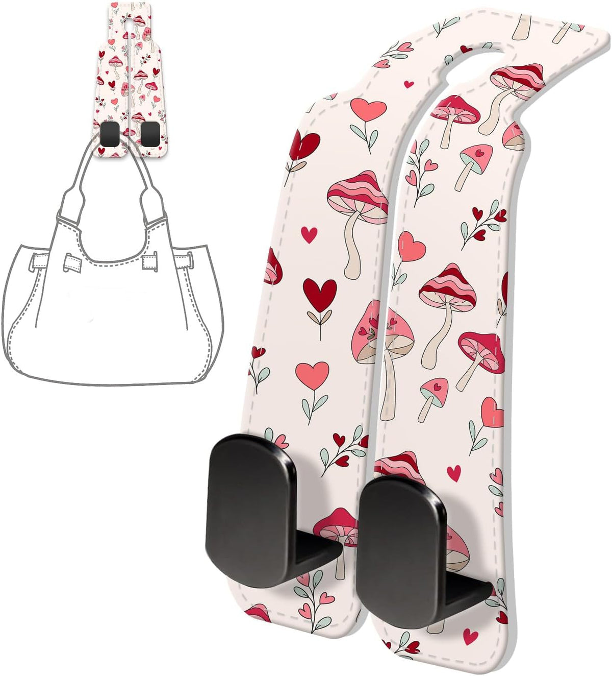 PU Leather Car Seat Hook, Storage Headrest Hanger, Cute Car Backseat Organizer, Car Hooks For Purses and Bags Cute Pink Mushroom